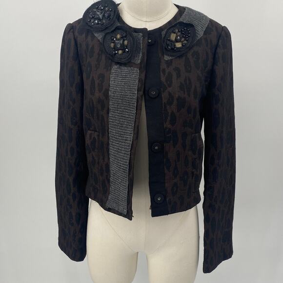 BCBGMAXAZRIA Blazer Convertible Jeweled Pins Wool Knit Trim Leopard Womens XS - Picture 6 of 15